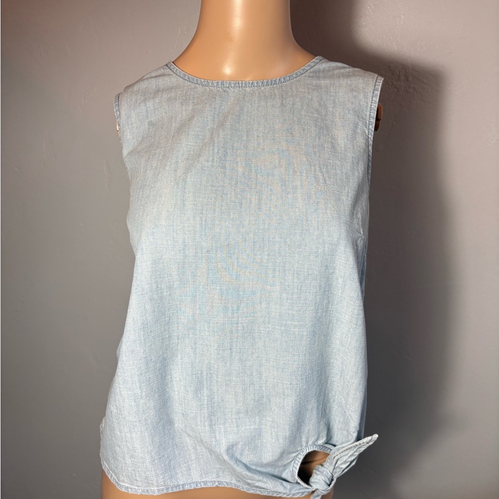 J Crew 100% Cotton Sleeveless Denim Shirt With Side Tie Size 8